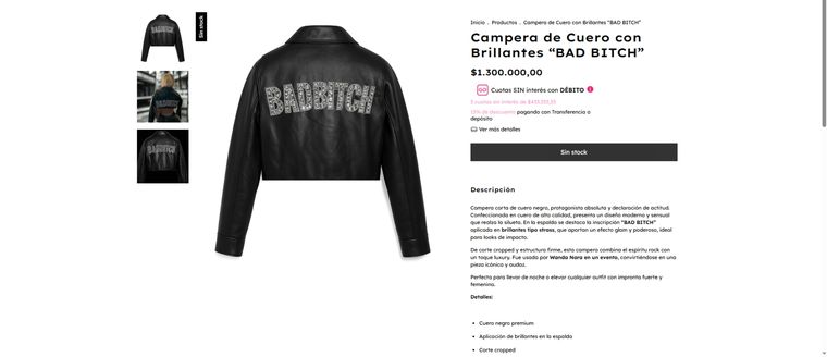 La campera corta de cuero con la inscripción "Bad Bitch" ya fue vendida. La campera corta de cuero con la inscripción "Bad Bitch" ya fue vendida.