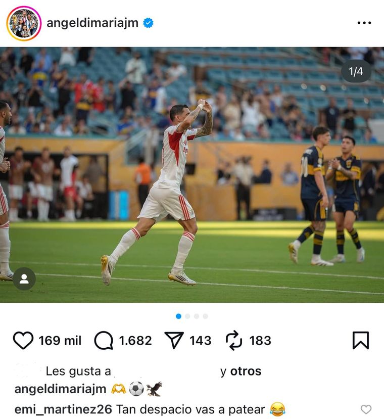 La pícara reacción de Dibu Martínez al posteo de Ángel Di María tras el empate entre Benfica y Boca. Foto: Instagram. La pícara reacción de Dibu Martínez al posteo de Ángel Di María tras el empate entre Benfica y Boca. Foto: Instagram. 