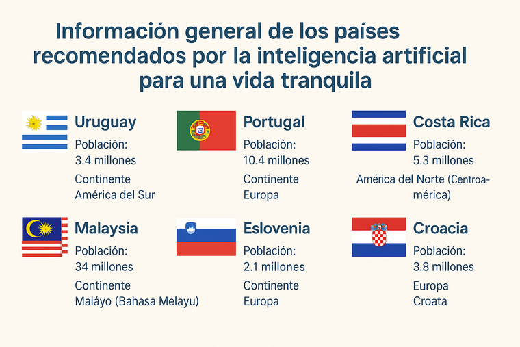 Uruguay, Portugal, Costa Rica, Malasia y Eslovenia o Croacia fueron seleccionados por la inteligencia artificial por su equilibrio entre desarrollo, calidad de vida y paz social. Uruguay, Portugal, Costa Rica, Malasia y Eslovenia o Croacia fueron seleccionados por la inteligencia artificial por su equilibrio entre desarrollo, calidad de vida y paz social.