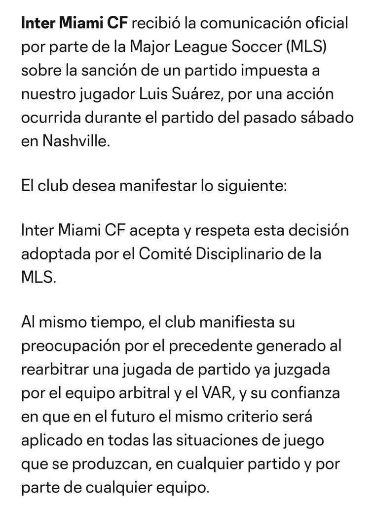 El comunicado de Inter Miami luego de que la MLS suspenda a Luis Suárez con un partido. El comunicado de Inter Miami luego de que la MLS suspenda a Luis Suárez con un partido.