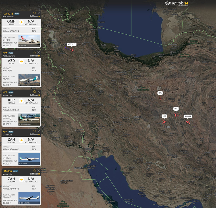 El espacio aéreo de Irán en la madrugada del jueves. El espacio aéreo de Irán en la madrugada del jueves.