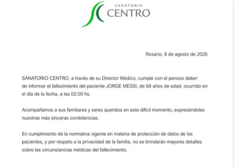 El comunicado del Sanatorio Centro. El comunicado del Sanatorio Centro.