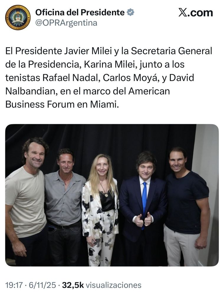 El tuit Oficina del Presidente sobre el encuentro entre Javier Milei, Rafael Nadal, Carlos Moyá y David Nalbandian. El tuit Oficina del Presidente sobre el encuentro entre Javier Milei, Rafael Nadal, Carlos Moyá y David Nalbandian.