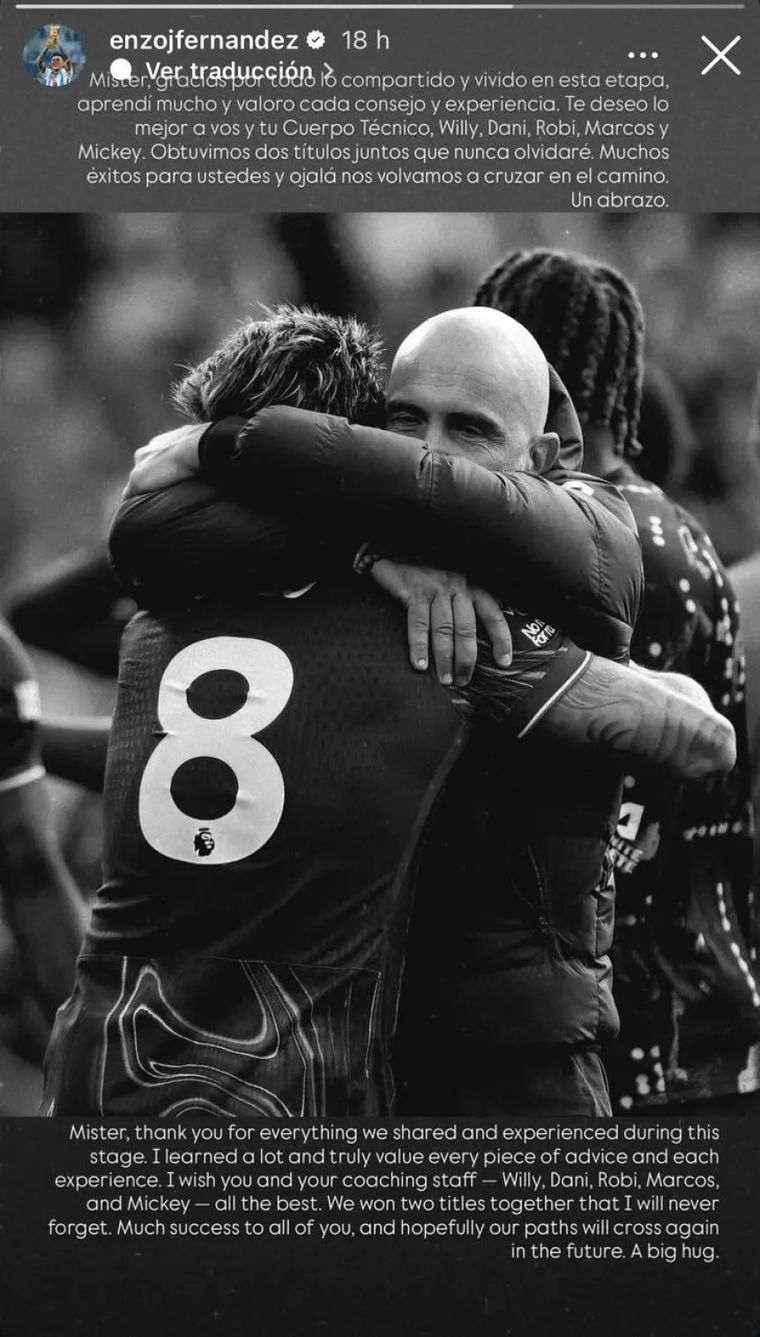 La sentida despedida de Enzo Fernández a Enzo Maresca en sus redes sociales. La sentida despedida de Enzo Fernández a Enzo Maresca en sus redes sociales.