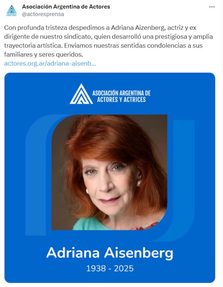 La despedida de la Asociación Argentina de Actores y Actrices a Adriana Aizemberg. La despedida de la Asociación Argentina de Actores y Actrices a Adriana Aizemberg.