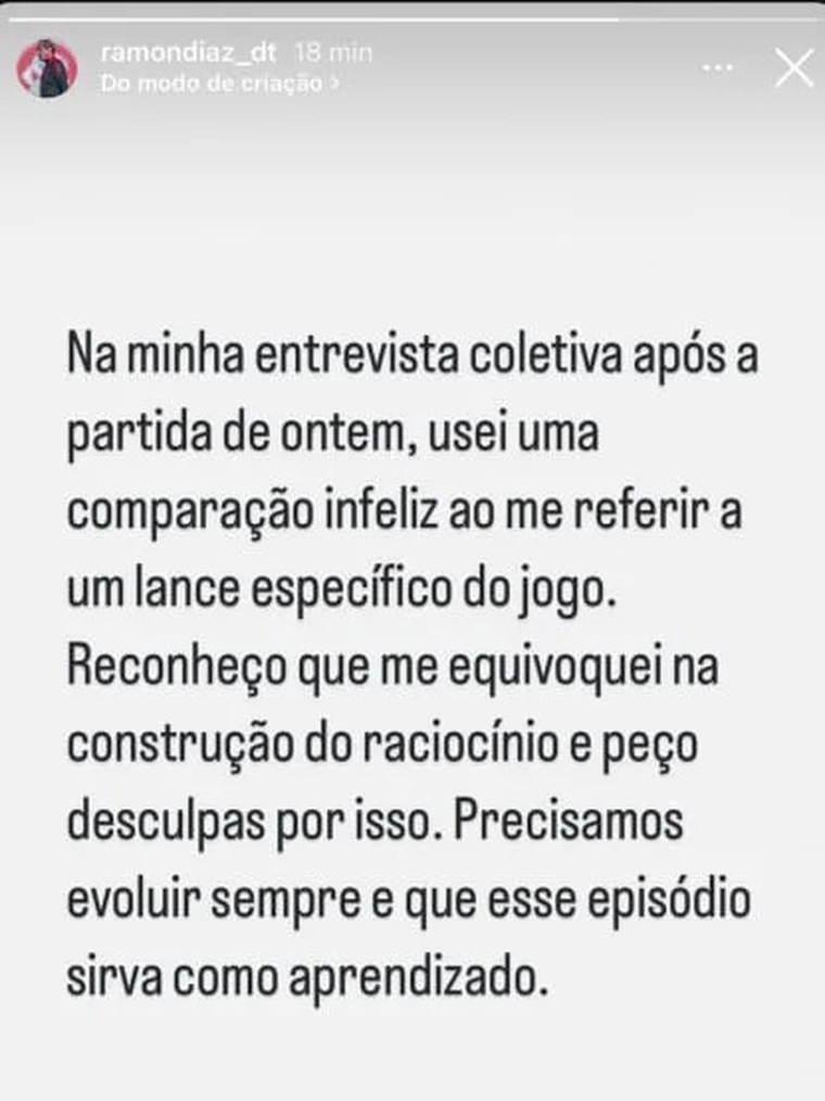 Ramón Díaz subió una historia en sus redes sociales para disculparse de sus dichos. Foto: @ramondiaz_DT Ramón Díaz subió una historia en sus redes sociales para disculparse de sus dichos. Foto: @ramondiaz_DT