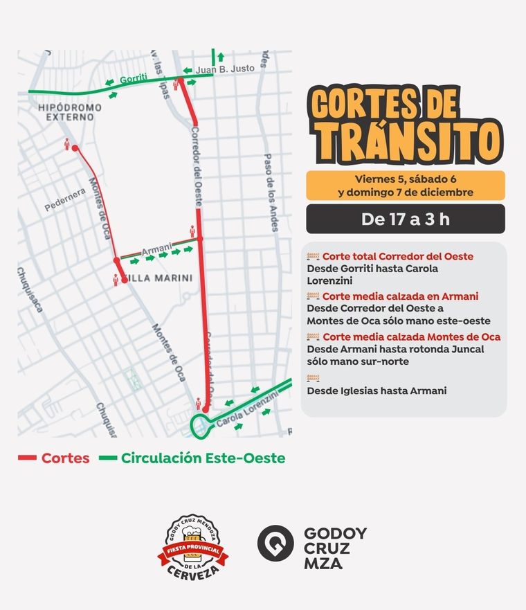 Fiesta Provincial de la Cerveza 2025: cómo serán los cortes de tránsito en Godoy Cruz. Fiesta Provincial de la Cerveza 2025: cómo serán los cortes de tránsito en Godoy Cruz.