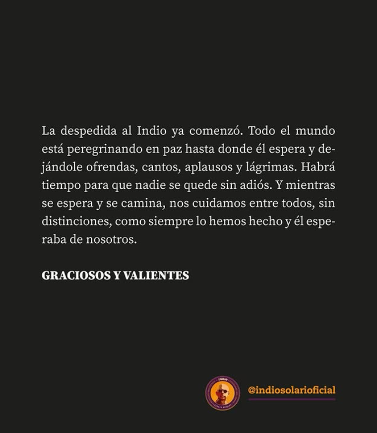 Aseguraron que habrá tiempo para que todos puedan despedirse del Indio Solari. Aseguraron que habrá tiempo para que todos puedan despedirse del Indio Solari.