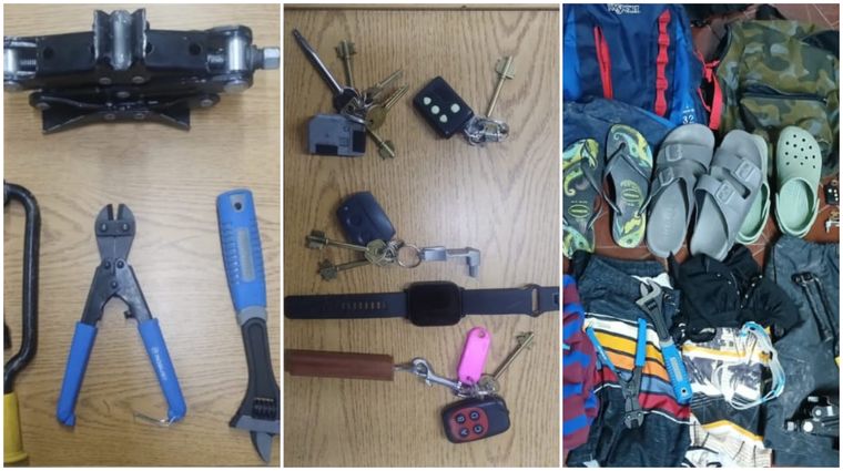 Herramientas, juegos de llaves y prendas de vestir secuestradas en la cabaña donde se alojaban los sospechosos. Herramientas, juegos de llaves y prendas de vestir secuestradas en la cabaña donde se alojaban los sospechosos.