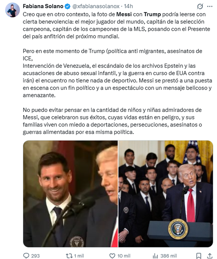 La periodista Fabiana Solano y su reflexión sobre el encuentro entre Messi y Trump. La periodista Fabiana Solano y su reflexión sobre el encuentro entre Messi y Trump.