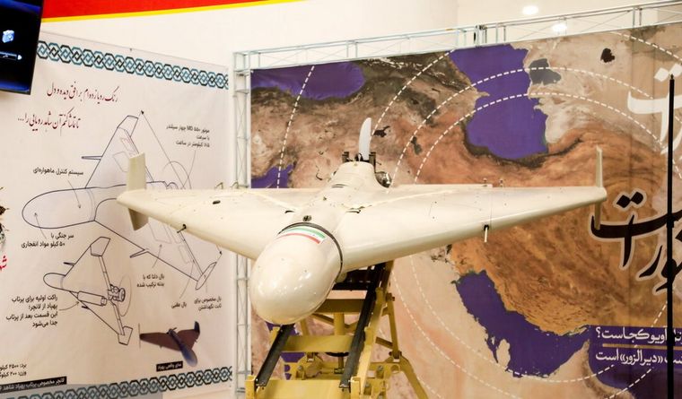 Dron de origen iraní, usado por Rusia en Ucrania. Foto: Wikipedia.