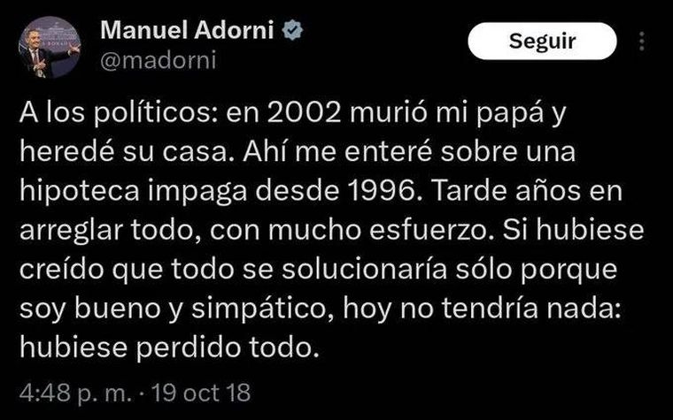 El tweet de Manuel Adorni sobre su herencia El tweet de Manuel Adorni sobre su herencia