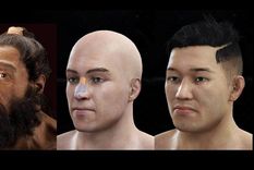 El primer rostro es la reconstrucción de un neandertal, hecha por John Gurche y exhibida en la Institución Smithsonian. El segundo y el tercero son hombres modernos, uno europeo y otro del este de Asia.