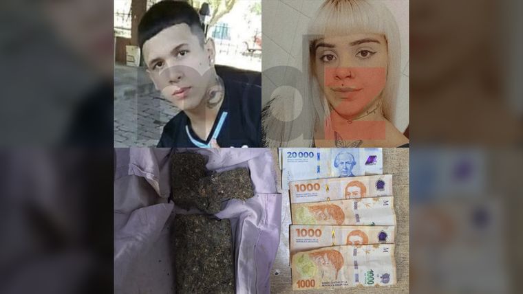 Arriba: Alex Sandez y Magalí Martínez. Abajo: los trozos de marihuana compactada y parte del dinero incautado.&nbsp;