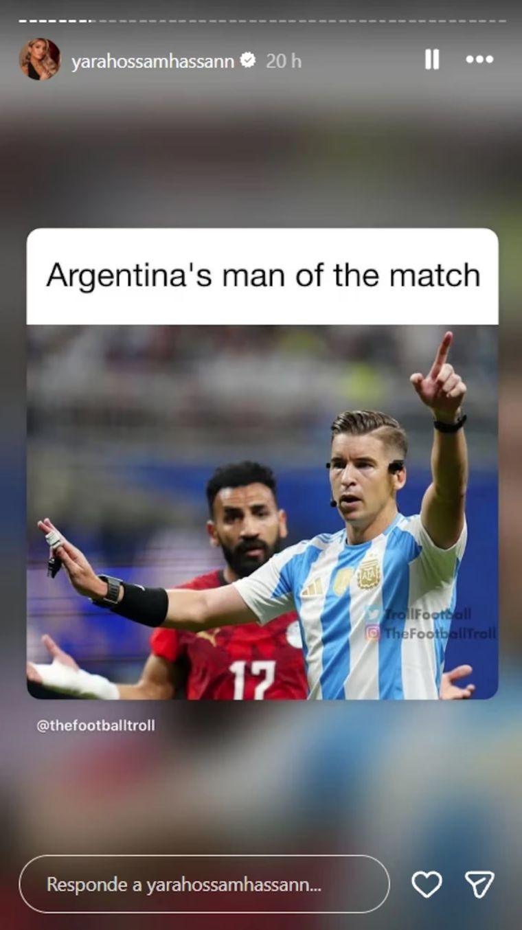 La hija del DT de Egipto comparti&oacute; un meme de Letexier con la camiseta argentina y apunt&oacute; contra el arbitraje.