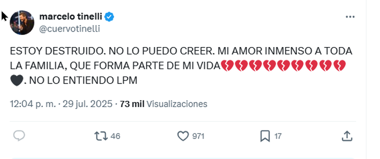 El doloroso posteo de Marcelo Tinelli para Cris Morena. El doloroso posteo de Marcelo Tinelli para Cris Morena.
