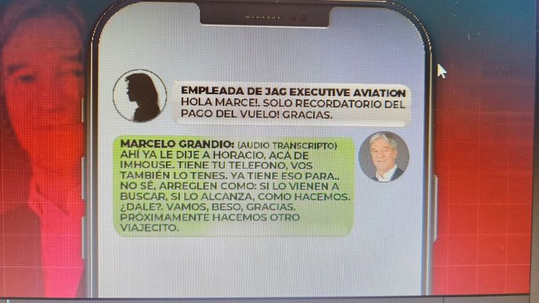 Las conversaciones entre la secretaria del piloto y el amigo de Adorni, Marcelo Grandio. Las conversaciones entre la secretaria del piloto y el amigo de Adorni, Marcelo Grandio.