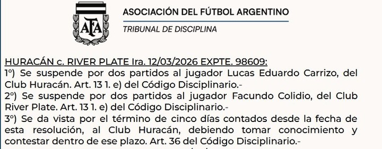 La sanción del Tribunal de Disciplina de AFA a Colidio. La sanción del Tribunal de Disciplina de AFA a Colidio.