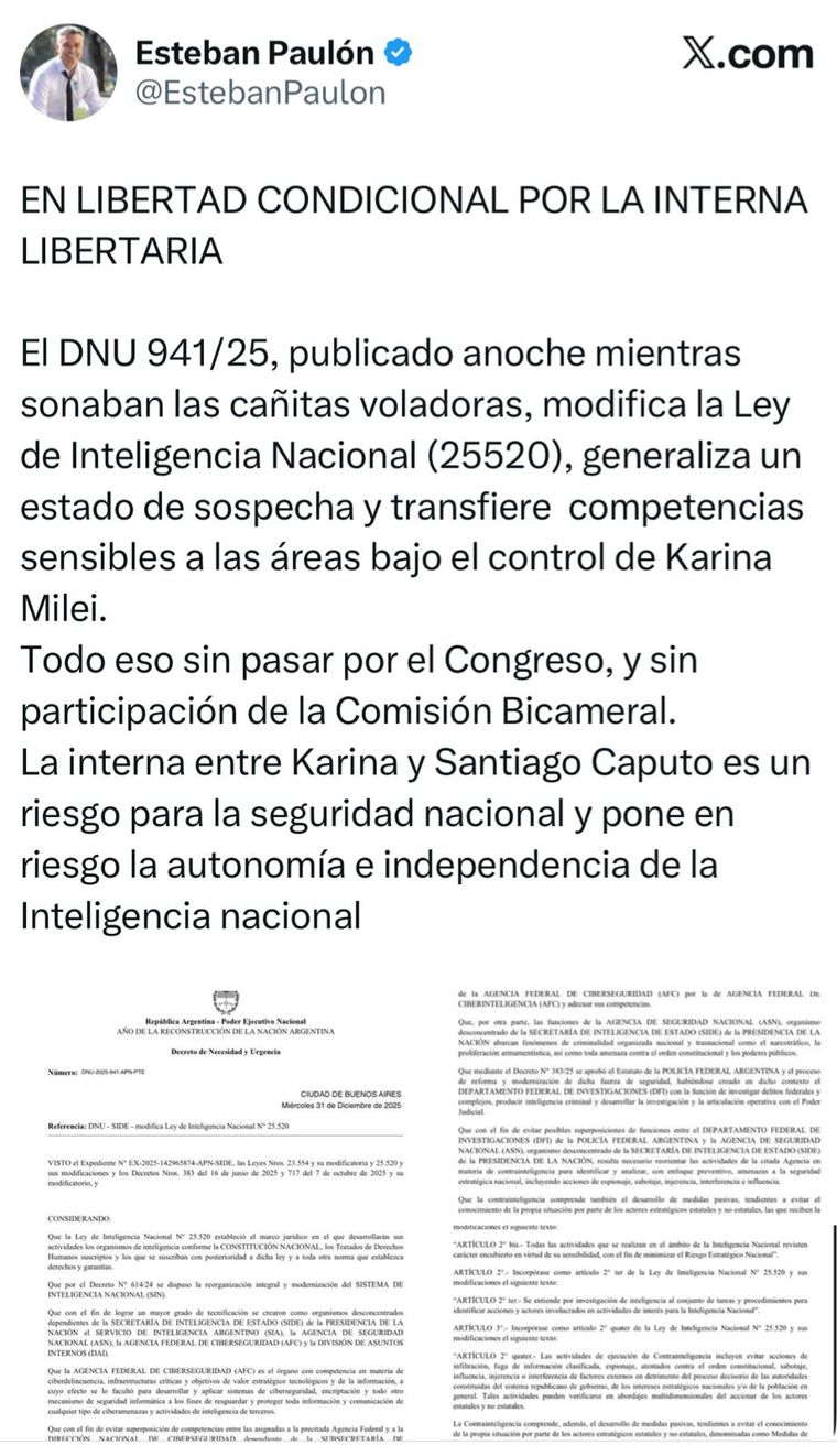 Esteban Paulón estalló contra el DNU que modifica el sistema de Inteligencia.
