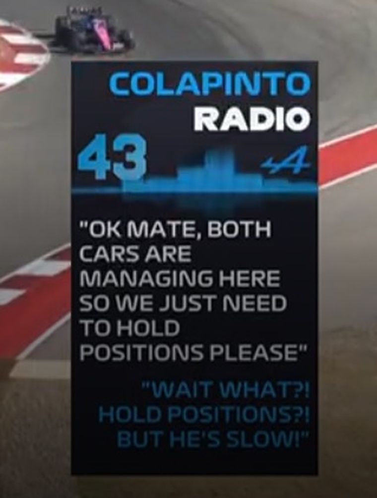 A Franco Colapinto le pidieron que mantenga posiciones con Pierre Gasly sobre el final. 