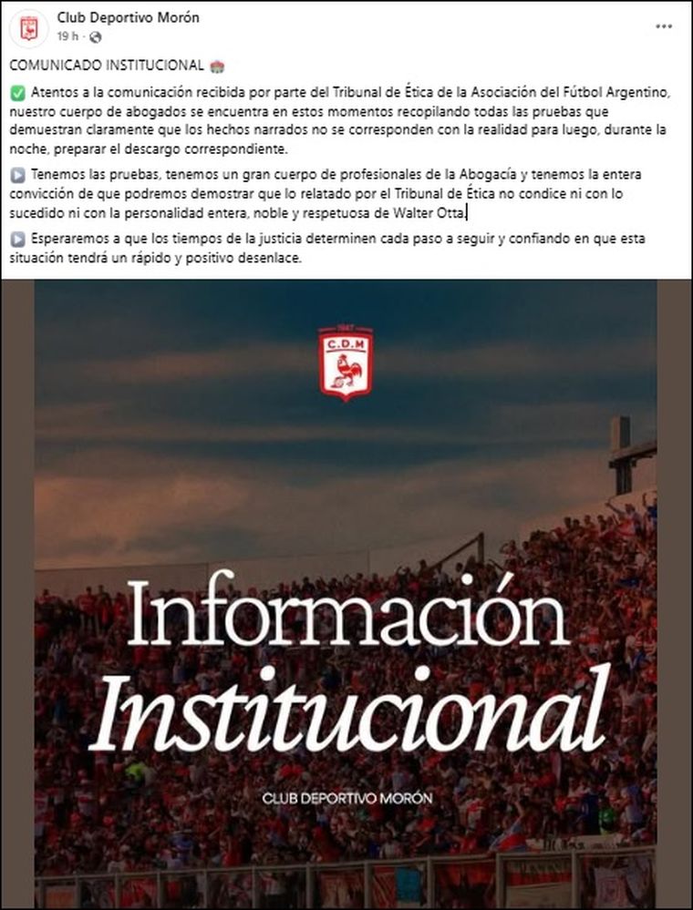 El comunicado de Deportivo Morón tras la sanción impuesta por AFA a Walter Otta. El comunicado de Deportivo Morón tras la sanción impuesta por AFA a Walter Otta.