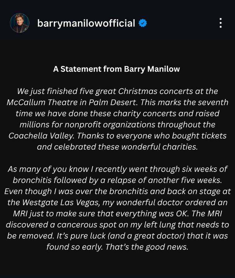 El cantante de "Copacabana" llevó tranquilidad a sus fans tras confirmar que no necesitará quimioterapia. El cantante de "Copacabana" llevó tranquilidad a sus fans tras confirmar que no necesitará quimioterapia.