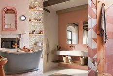 El color de moda que reemplaza al blanco en los baños  es una variación de tonos tierra y rosa yeso. Foto: David Hunt Lighting, Dunn-Edwards, Bert & May