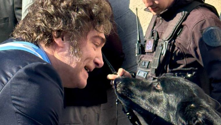 El presidente se detuvo para saludar a uno de los perros de seguridad. Foto: Presidencia