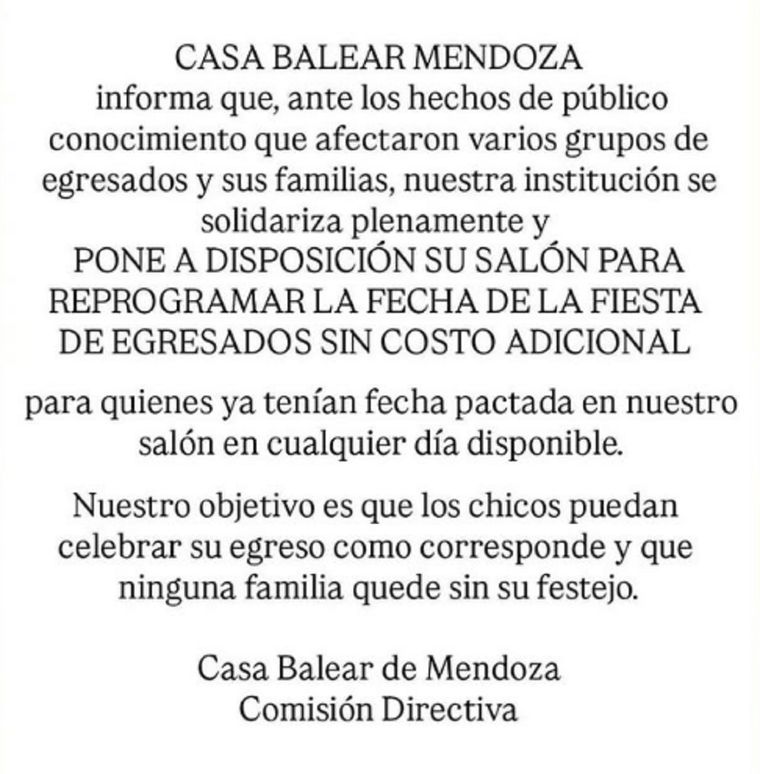 El comunicado de Casa Balear. El comunicado de Casa Balear.