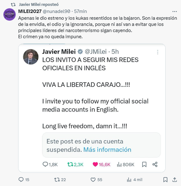 El comentario de un usuario de X que fue reposteado por el presidente. El comentario de un usuario de X que fue reposteado por el presidente.