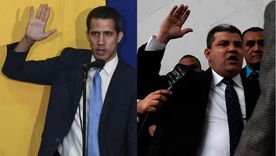 Juan Guaidó y Luis Parra juramentando como presidentes de la Asamblea Nacional de Venezuela en dos sesiones diferentes