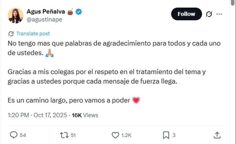 La locutora de C5N agradeció el apoyo masivo a través de sus redes. La locutora de C5N agradeció el apoyo masivo a través de sus redes.