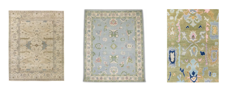 Tres modelos de alfombras Oushak. Créditos: periogold.com y Etsy Reino Unido Tres modelos de alfombras Oushak. Créditos: periogold.com y Etsy Reino Unido