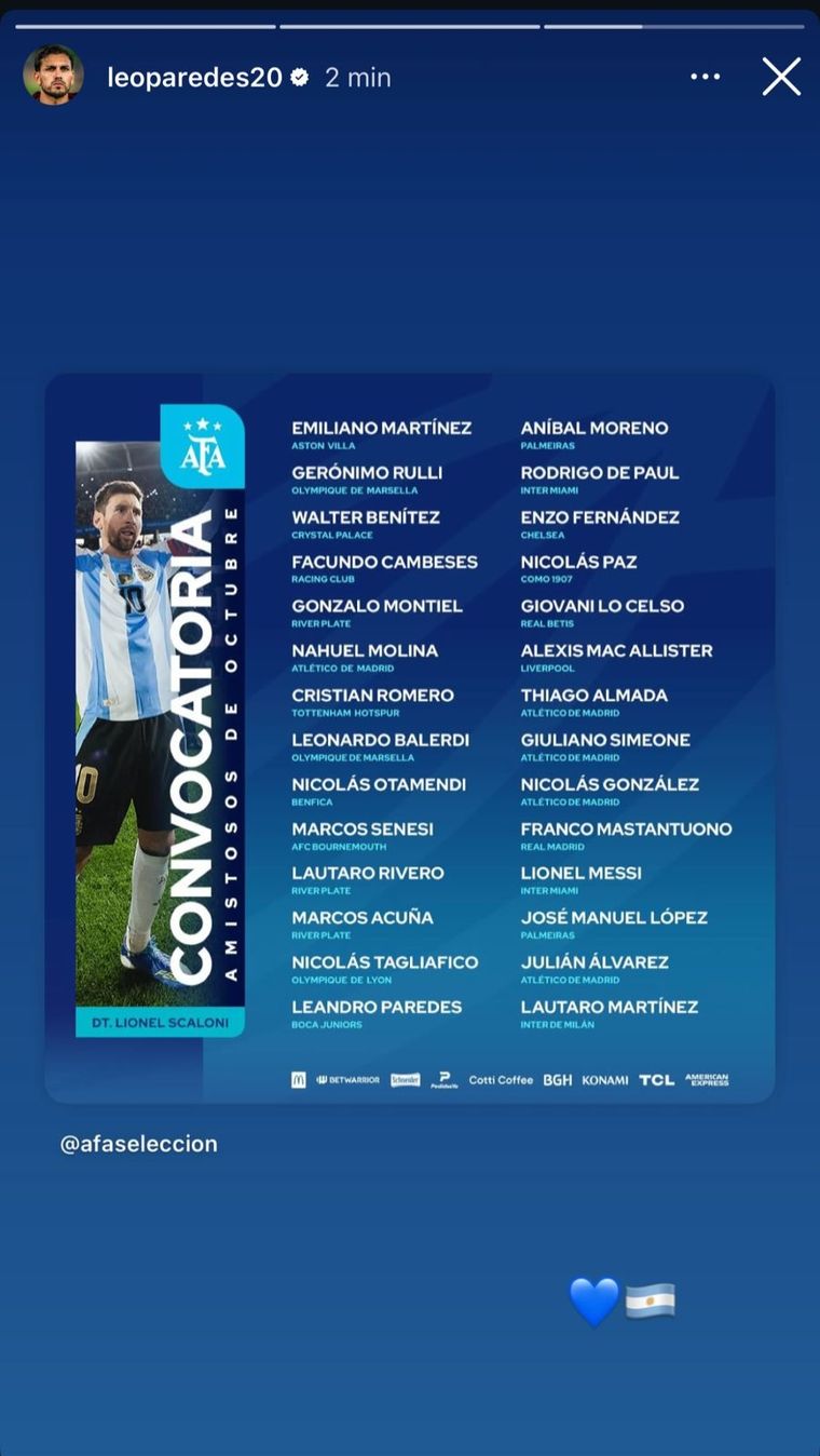 Leandro Paredes fue convocado para los amistosos de la Selección y reaccionó con una historia en Instagram. Leandro Paredes fue convocado para los amistosos de la Selección y reaccionó con una historia en Instagram.