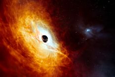 Reproducción artística que muestra el cuásar J059-4351, el núcleo brillante de una galaxia distante alimentado por un agujero negro supermasivo. Foto: EFE