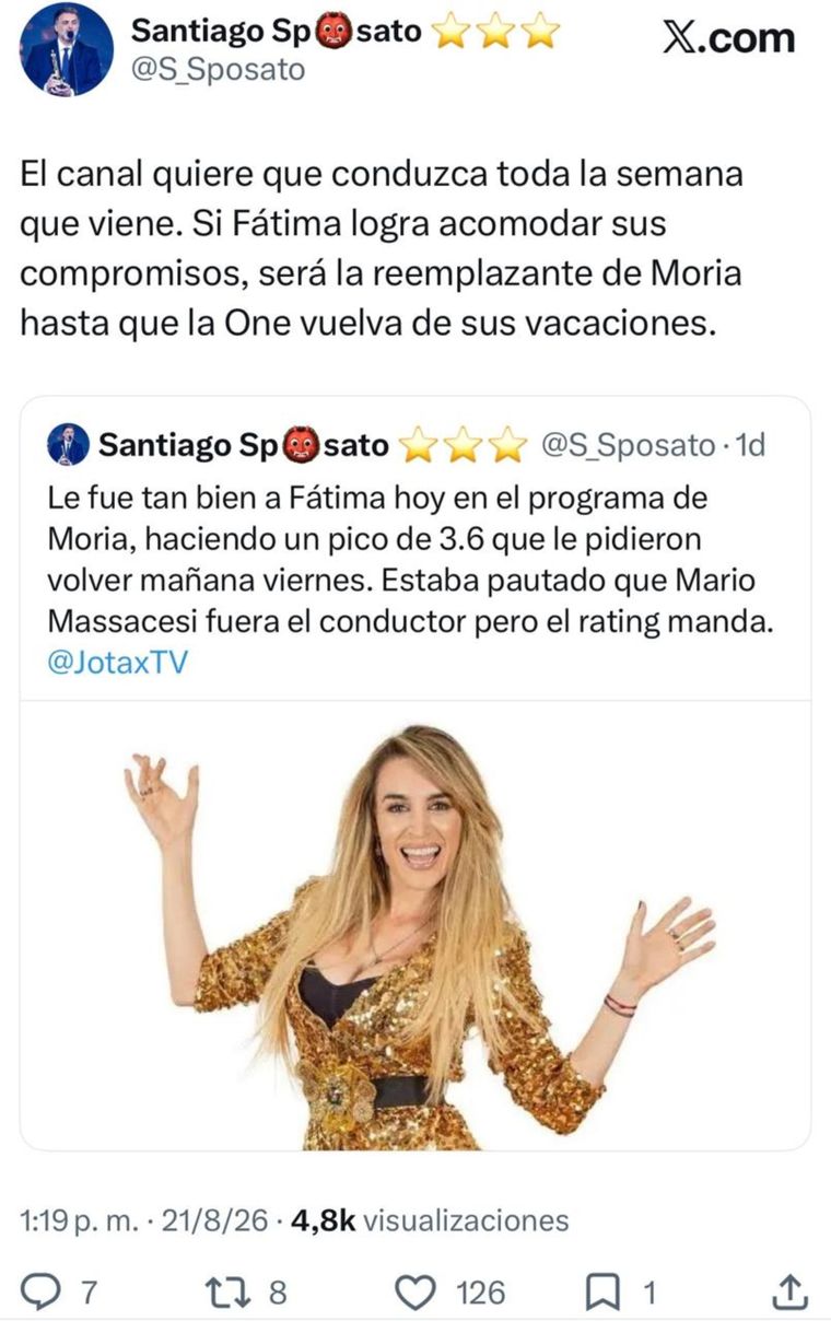 Santiago Sposato aseguró que el Eltrece quiere que la humorista siga reemplazando a Moria Casán.
