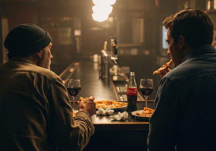 Una barra, una pizza y una charla. (Imagen ilustrativa generada con IA)