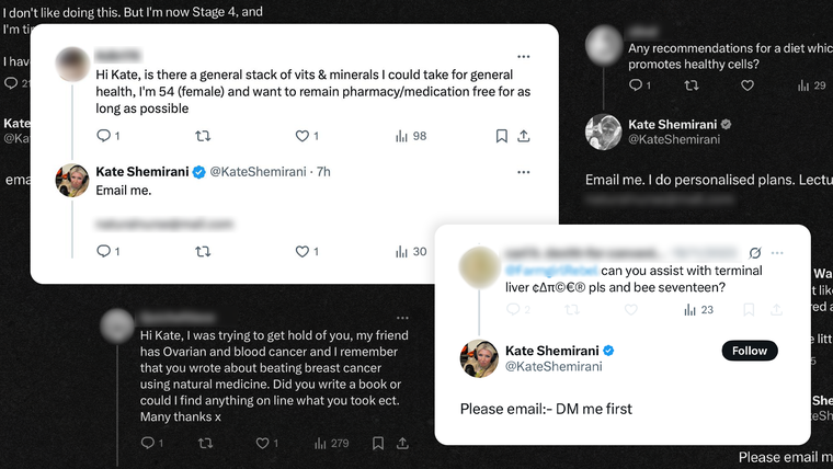 Kate Shermirani tiene numerosos seguidores que le piden consejos sobre el tipo de suplementos deben tomar o sobre cómo les puede ayudar a superar el cáncer.