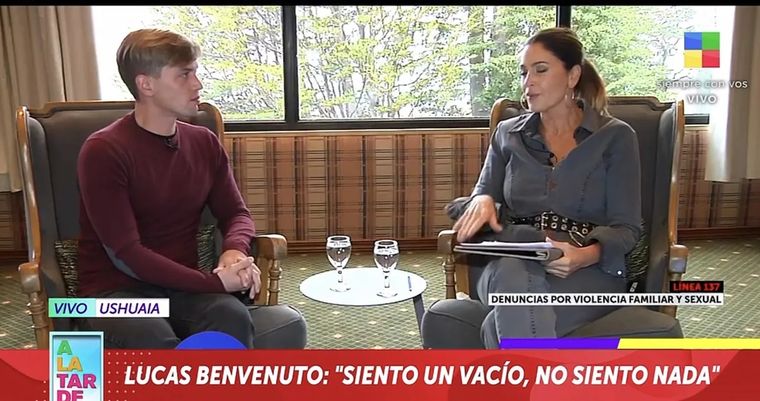 Lucas Benvenuto se quebró en su primera entrevista en televisión ante una pregunta de Karina Mazzocco Foto: Captura TV