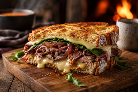 Preparaciones simples como este sándwich encuentran un lugar ideal en las noches mendocinas. (Imagen generada con IA) Preparaciones simples como este sándwich encuentran un lugar ideal en las noches mendocinas. (Imagen generada con IA)