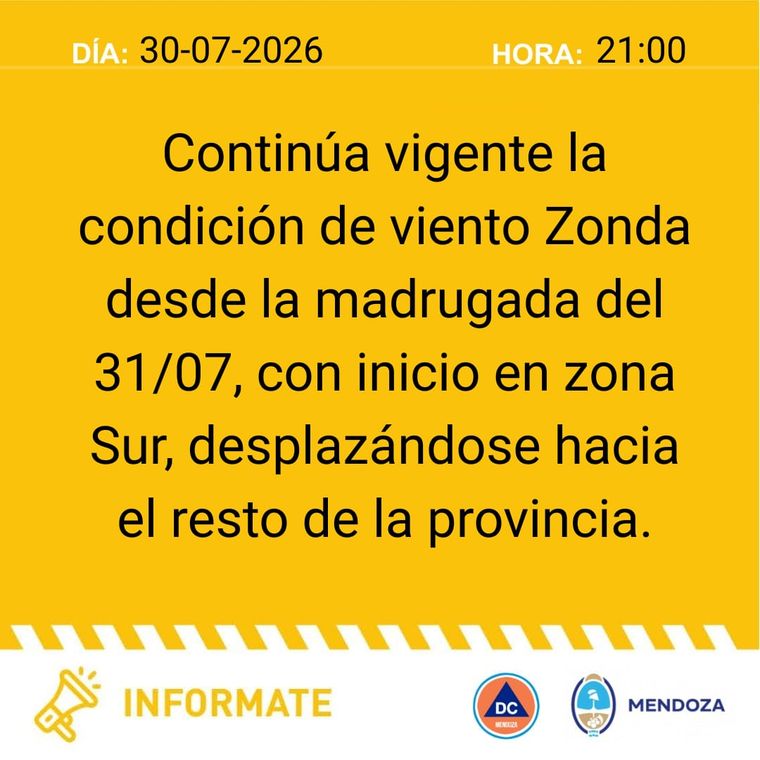 Se mantiene el alerta por viento zonda en Mendoza Se mantiene el alerta por viento zonda en Mendoza