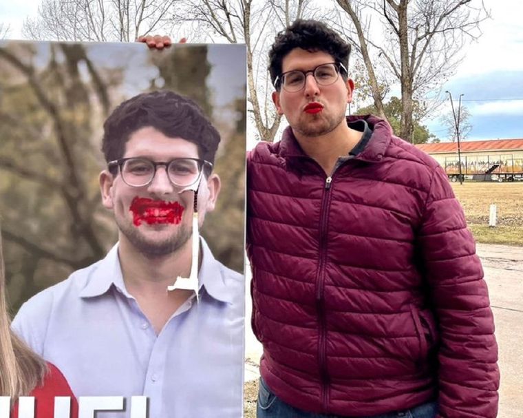 Nahuel Mittelbach, intendente de Florentino Ameghino, se pinto los labios en respuesta a una vandalización homofóbica Foto: Twitter