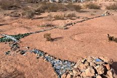 Una extraña cruz de piedras y vidrios apareció en el Parque de los Dinosaurios de Neuquén. Foto: LMNeuquen Una extraña cruz de piedras y vidrios apareció en el Parque de los Dinosaurios de Neuquén. Foto: LMNeuquen