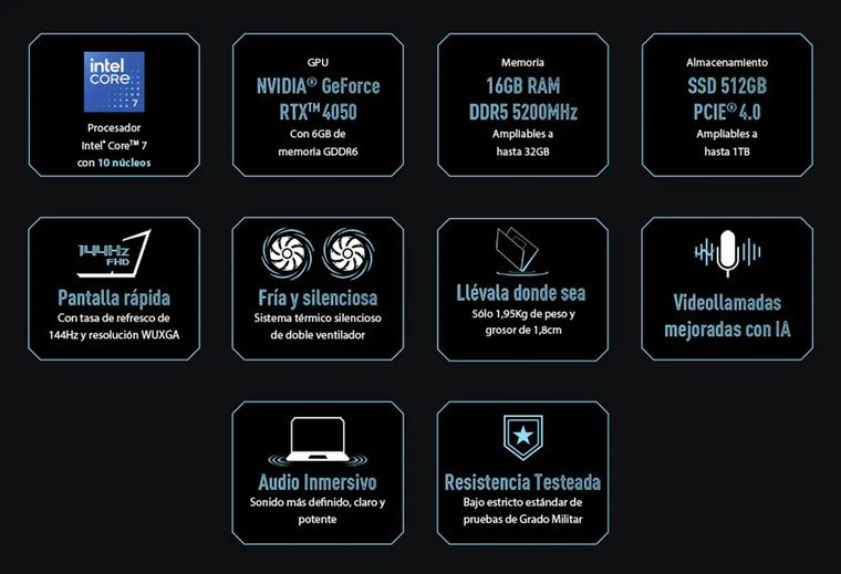 Intel Core 7 240H, 16 GB DDR5 y SSD 512 GB: multitarea ágil todo el día. Intel Core 7 240H, 16 GB DDR5 y SSD 512 GB: multitarea ágil todo el día.