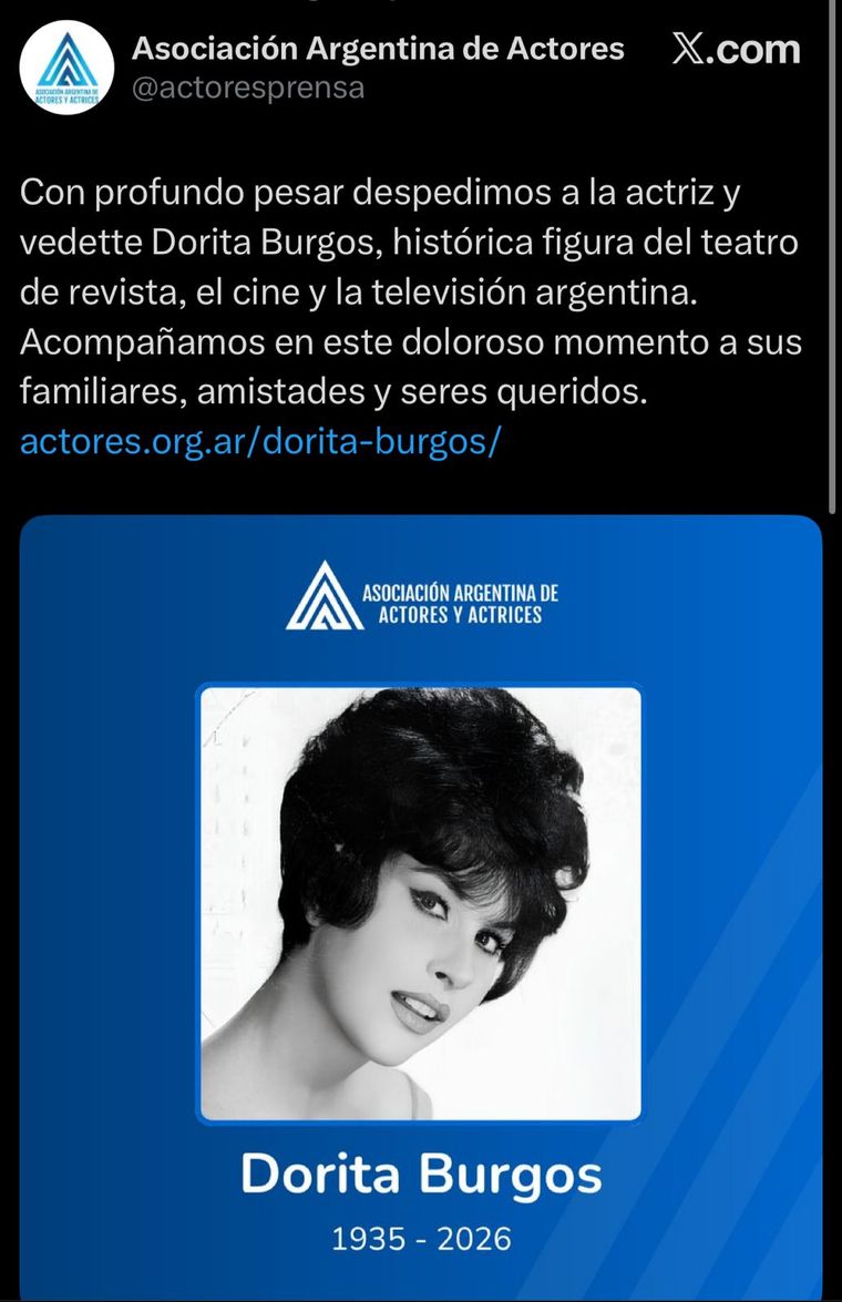 La noticia del fallecimiento por parte de la Asociación de Actores y Actrices. La noticia del fallecimiento por parte de la Asociación de Actores y Actrices.