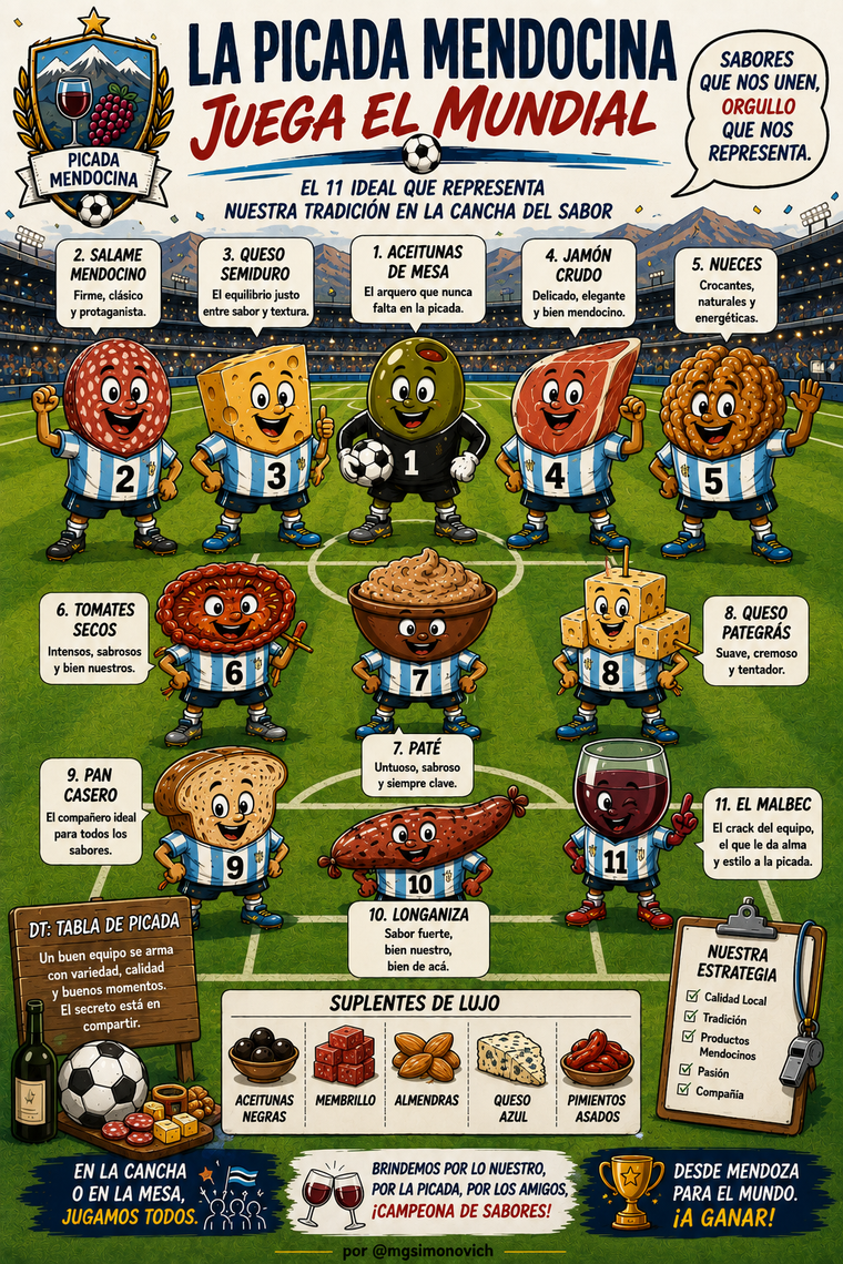 Aceitunas, quesos, longaniza, frutos secos y Malbec integran el once ideal de la picada que representa a Mendoza en la cancha del sabor Aceitunas, quesos, longaniza, frutos secos y Malbec integran el once ideal de la picada que representa a Mendoza en la cancha del sabor