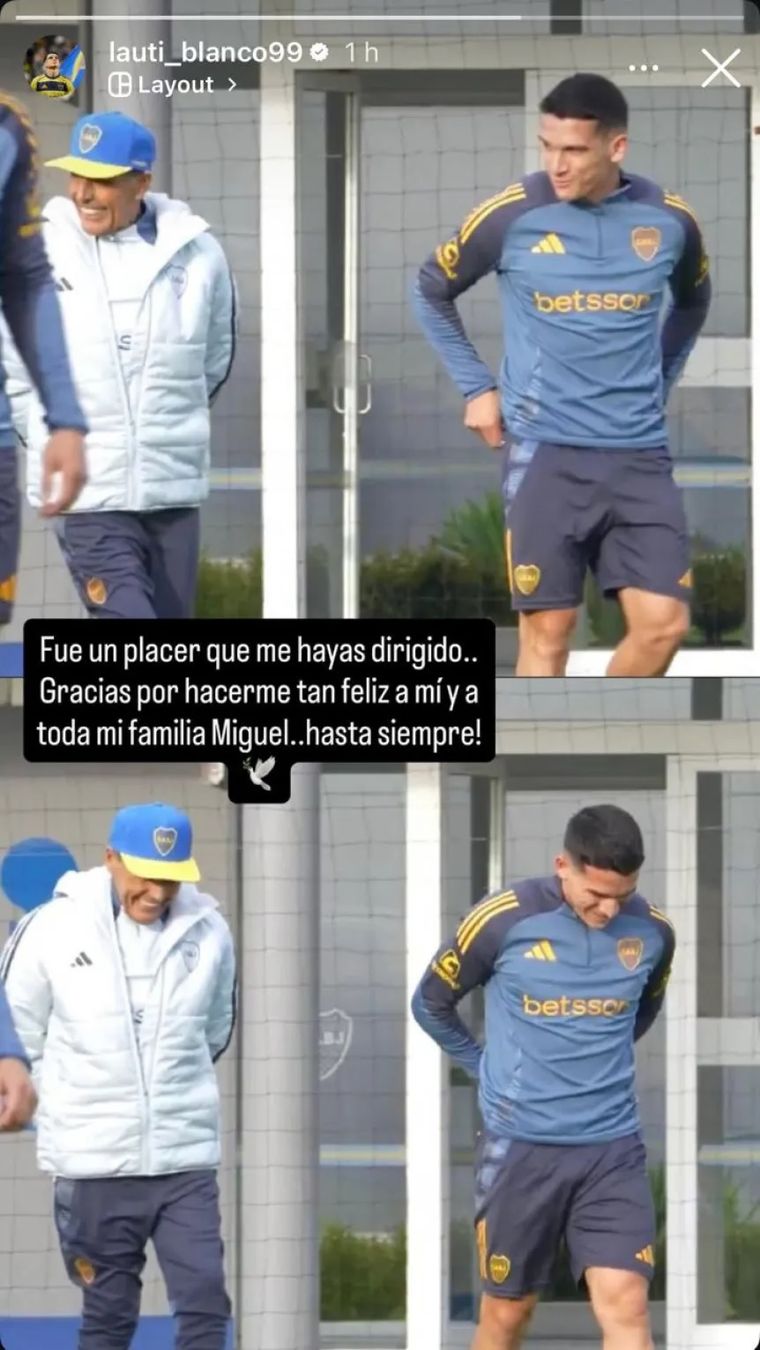 El posteo de Lautaro Blanco para despedir a su entrenador en Boca. El posteo de Lautaro Blanco para despedir a su entrenador en Boca.