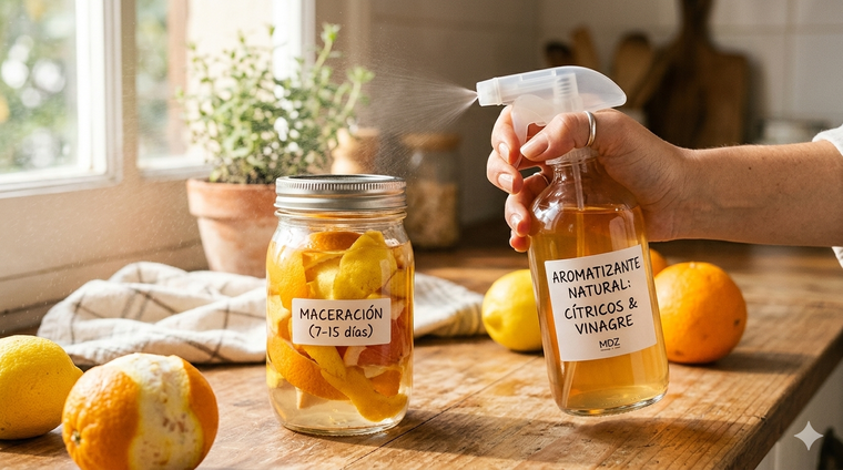 La mezcla de cítricos con vinagre ayuda a perfumar ambientes y limpiar distintas superficies del hogar. Foto: Gemini IA La mezcla de cítricos con vinagre ayuda a perfumar ambientes y limpiar distintas superficies del hogar. Foto: Gemini IA