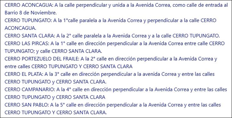 La Ordenanza Nº 13, publicada este jueves en el Boletín Oficial, establece que las arterias llevarán denominaciones de cerros emblemáticos de la Cordillera de Los Andes.