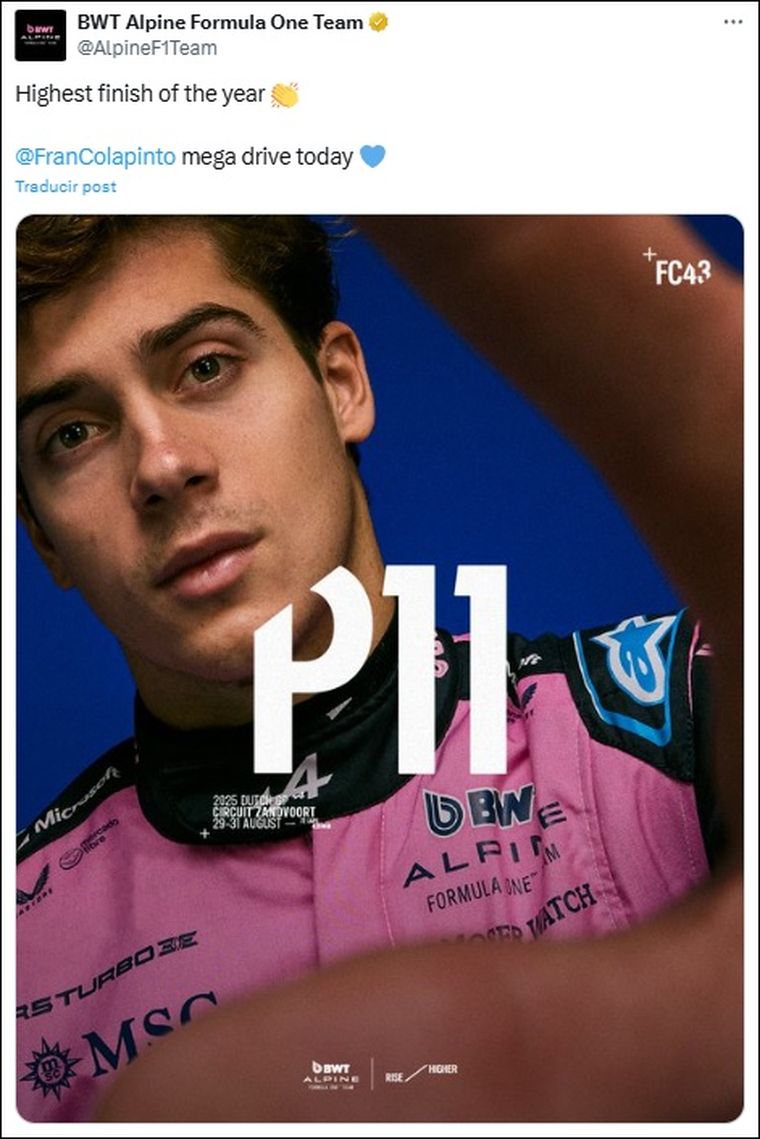 El posteo de Alpine tras la gran carrera de Franco Colapinto. El posteo de Alpine tras la gran carrera de Franco Colapinto.